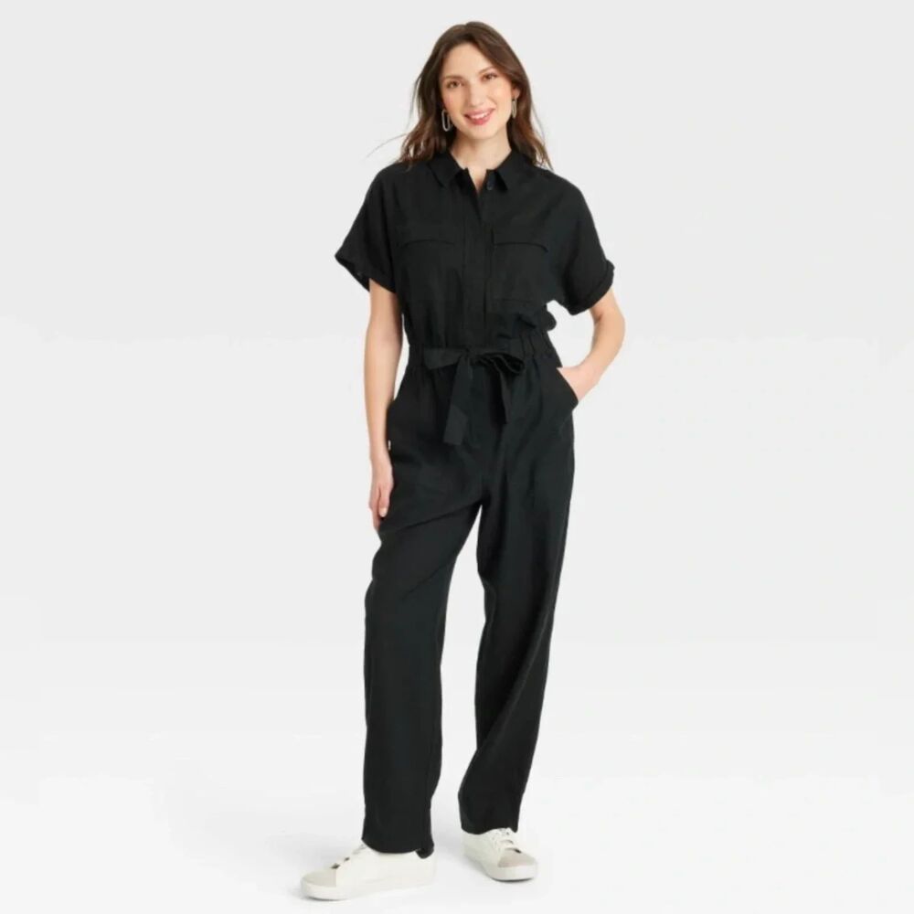 UNIVERSAL THREAD Short Sleeve Linen Boilersuit Jumpsuit in Black Size 10 NWT